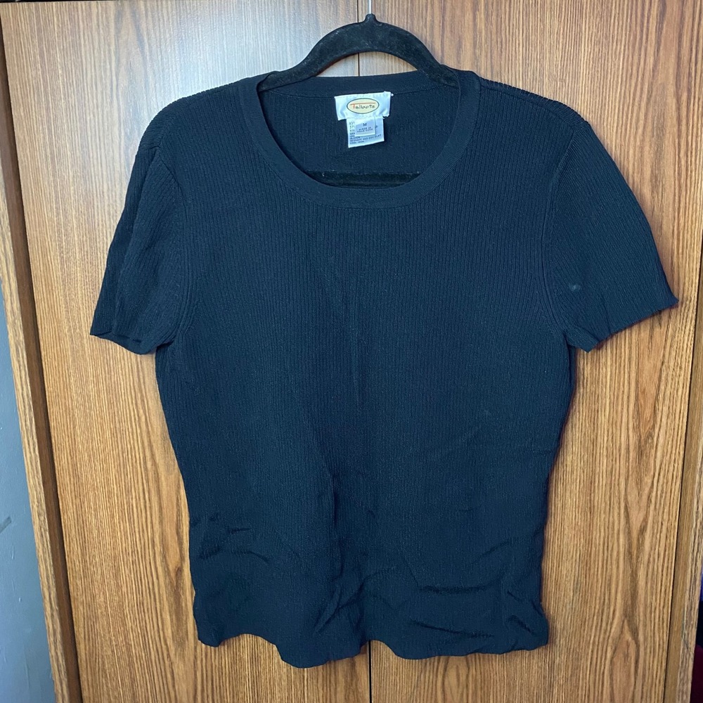 Talbots Ribbed Knit Top Women M Black Short Sleeve Crew Neck shirt